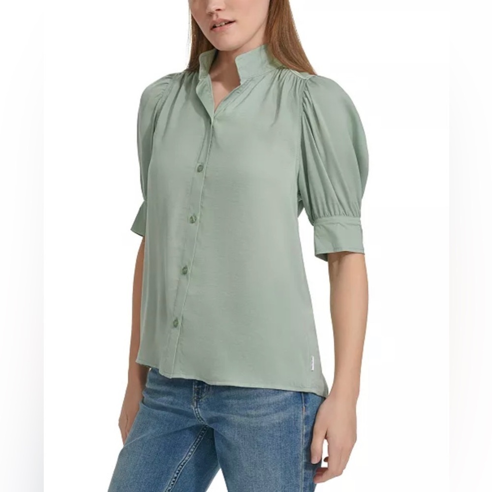 NWT Calvin Klein Jeans Stand-Collar Charmeuse Puff-Sleeve Shirt